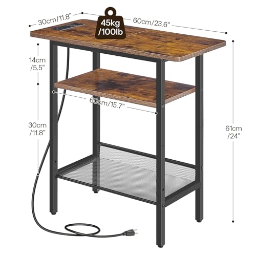 HOOBRO Side Table, Narrow End Table with Shelf and Charging Station, 3-Tier Bedside Tables with Wide Storage Tabletop for for Small Spaces, Living Room, Bedroom, Rustic Brown and Black BF366UBZ01 - color: Rustic Brown + Black