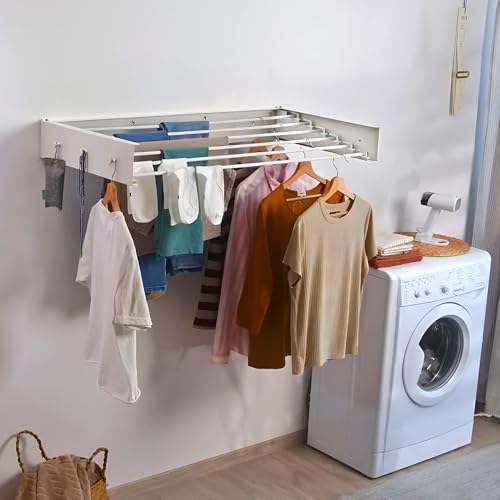 Wall Mounted Drying Racks for Laundry (31.5 Inches Wide) – Retractable Clothes Drying Rack Wall Mounted with Carbon Steel Panel 6 Knobs & 5 Aluminium rods, Wall Drying Rack with Screws (White) - color: White