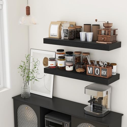 Deep Floating Shelves, 36'' x 12'' Black Shelves for Wall Set of 2 | Invisible Brackets, Engineered Wood, Mounting Hardware Included, 55LBS, Bathroom, Laundry Room, Kitchen, Living Room - color: Black, size: 35.6W x 11.6D x 2H, 2 Pack
