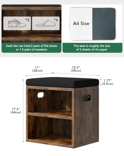2 Tier Small Shoe Storage Bench Rustic Brown US-FHXD01H | hold up to 4 pairs of shoes, with Adjustable Middle Shelf, Padded Seat Cushion,cut-out handle - color: Rustic Brown