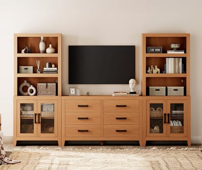 WAMPAT Entertainment Center with Bookshelves, Farmhouse TV Stand, Wood Media Console with Glass Doors and 6 Storage Drawers for Living Room, Bedroom, Mocha - color: Mocha