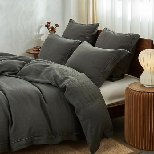 Simple&Opulence 100% Washed Linen Duvet Cover Set with Embroidered,3 Pieces Soft Farmhouse Comforter Set with Button Closure,1 Duvet Cover and 2 Pillowshams(Full,Dark Grey) - color: Embroidery Dark Grey, size: Full