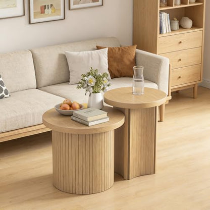 Nesting Coffee Tables Set of 2,Farmhouse Small Round Side Tables | 17.6" End Table with Wooden Fluted,Stacking coffee tables Space Saving Sofa Table for Living Room,Easy Assembly - color: Small Size-set