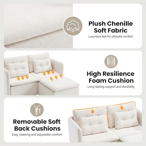 HNY 56.5" Modern Loveseat Sofa, Beige | 2-Seat Button Tufted Love Seat, Deep Seat Chenille Fabric With Pillow, Small Couch for Bedroom, Apartment, Home Furniture - color: Beige, size: 2 Seater-L Shape