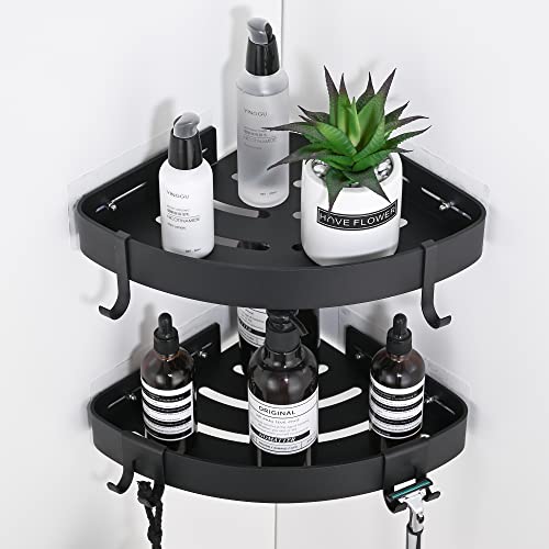 DUFU Adhesive Corner Shower Caddy with Hooks, Black, 2 Pack | Bathroom Shower Organizer, No Drilling, Rust Proof Aluminum Shower Shelf For Inside Shower - color: Black
