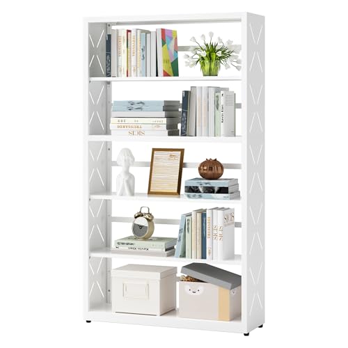 SteeLoong 5 Tier Bookcase,Metal Bookshelf with Adjustable Feet & Shelves | 55"H White Book Shelf with Bookends,Tall Bookcase for Books & Decor,Modern Open Storage Shelves for Office,Kitchen,Garage - color: White, size: 5-Tier 31"W