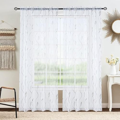 Silver Foil Print Sheer Curtains 63 inches Long, 2 Panels Ginkgo Bronzing Treatment Sheer Curtain, Rod Pocket Window Treatment Panels for Bedroom Living Room - color: Wicker/Silver/White, size: 42"W x 63"L (Pack of 2)