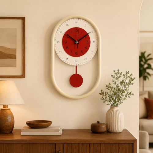 Modern Pendulum Wall Clock for Living Room Kitchen Bedroom Farmhouse Decor | 8*15.5 Inch Silent Battery Operated White and Red Decorative Mid Century Minimalist Metal Wall Clock - color: Red
