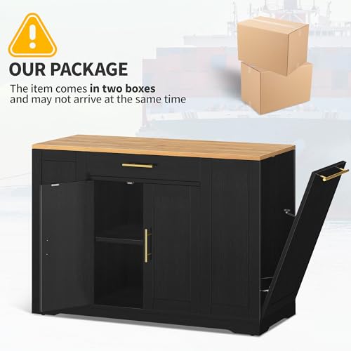 DWVO Large Kitchen Island with Trash Can Cabinet | 53 Inch Kitchen Island on Wheels, Rolling Island with Tilt‑Out Garbage Storage Fits 13 Gallon Bin, Spice Rack - color: Black