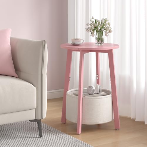 sthmec Small Round Side End Table with Cloth Storage Basket, Round Bedside Sofa Couch Coffee Tables for Small Places with Metal Frame, Modern Nighstands for Living Room Bedroom, Pink - color: Pink