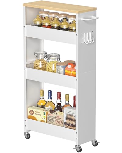 CHLORYARD Slim Storage Cart, 4-Tier Kitchen Rolling Cart Narrow Storage Cabinet with Handle & Wheels, Metal Rolling Shelf Unit for Kitchen Bathroom Laundry Small Places (5.9IN White/Natural) - color: White/Natural, size: 5.9 IN Width