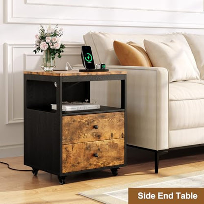Bedroom Nightstand with Charging Station, Side Table with 2 Drawers,Sofa End Table Living Room with Wheels for Living Room Bedroom Office(Rustic Brown + Black) - color: [A2] Black & Brown