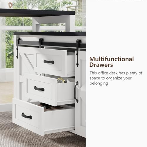L Shaped Desk With Drawers, Farmhouse Executive Wood Home Office With Power Outlet, Rustic Reversible Computer With Storage Cabinet, Double Sliding Barn Door and Adjustable Shelves