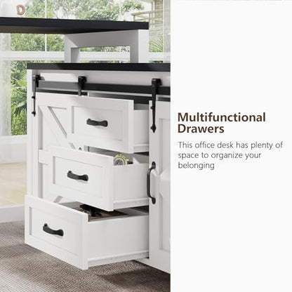L Shaped Desk With Drawers, Farmhouse Executive Wood Home Office With Power Outlet, Rustic Reversible Computer With Storage Cabinet, Double Sliding Barn Door and Adjustable Shelves