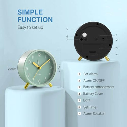Back to School Silent Analog Quartz Alarm Clock for Kids Bedroom,Night Light, Battery Operated, Fashionable Round Metal - color: Green