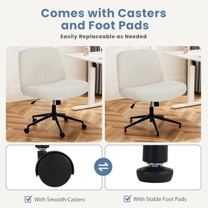 DUMOS Criss Cross Chair, Vanity Chairs with Wheels, Cross Legged Office | Armless Height Adjustable, Wide Seat Swivel, Comfy Fabric, Home Computer Desk Task, Beige Wheel - color: Beige Wheel