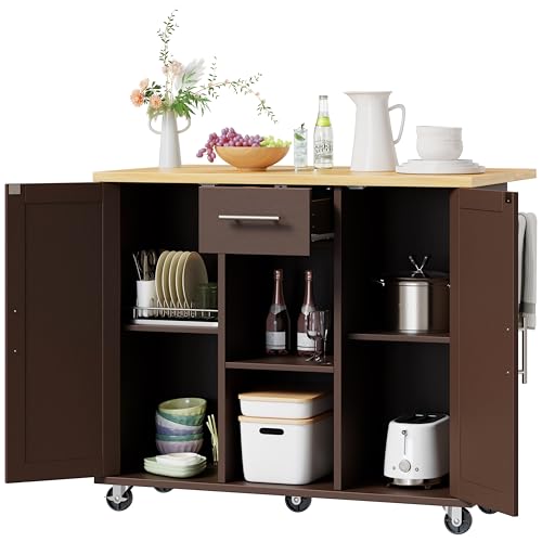 Shintenchi Kitchen Island with Storage, Bar Cart Cabinet Island Table on Wheels, Rolling Microwave Cart for Kitchen with Drop Leaf, Drawers, Towel Rack, Seating Area for Dining Room, Brown - color: Brown-42 Inch