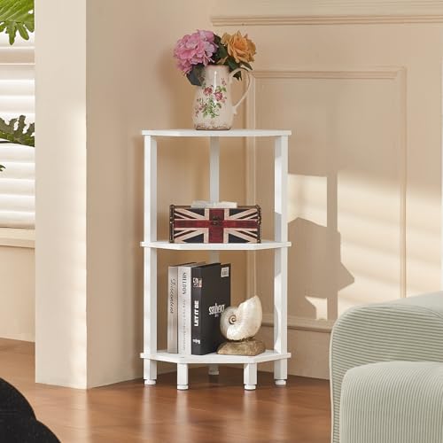 YUFAM 3-Tier Corner Shelf, White | Wooden Small Corner Table with Sturdy 5-Leg Base, Wooden Corner Bookshelf for Adjustable Base - color: White, size: 3 Tier
