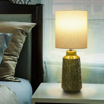 17.75" Green Ceramic Lamps Set of 2 with Leaves Design, Small Table Lamps | Green Table Lamps, Leaf-Patterns Ceramic Lamp, Retro Small Lamp for Living Room, Bedroom, Green Lamps for Nightstand Set of 2