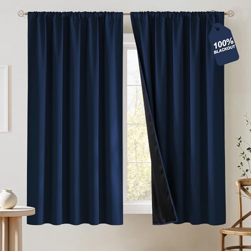NICETOWN Navy Blue Curtains 100% Blackout for Boys Room, Rod Pocket Room Darkening Window Treatment Sound Dampening Drapes for Bedroom, W52 x L63, 2 Panels - color: Navy Blue, size: 52"W x 63"L (Pack of 2)