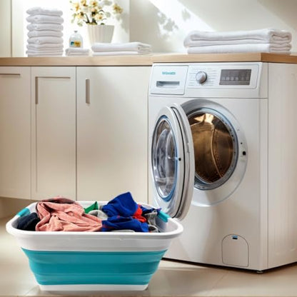 SAMMART 41L (10.8 gallons) Collapsible Plastic Laundry Washing Tub/Basket-Foldable Pop Up Storage Container/Organizer-Portable Laundry Hamper-Space Saving (1, White/Ceramic Blue) - color: White/Ceramic Blue