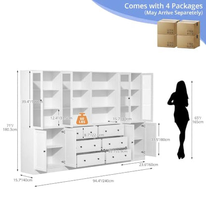 TUSY 71" H Bookcase with Storage | 6-Tier Modern Bookshelf with Drawers, Display Bookcase with Glass Doors, White Curio Cabinet for Home Office, Living Room - color: White