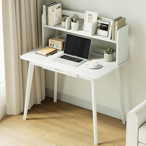 IOTXY Small Writing Desk with Hutch - 39.4" Work Computer Study Table | White , Storage Drawer, Space-saving for Home and Office, with Bookshelves - color: White, size: 39.4-Inch