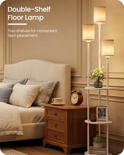 Floor Lamp with Shelves, Modern Floor Lamp with 3 Linen Shades and Foot Switch, 3-Light Standing Lamp, for Living Room, Bedroom, Study, Office, White W53LD05 - color: White