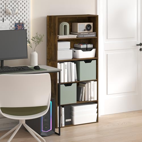 Furinno Jaya Book Shelf, 5-Tier Bookshelf, 52 Inch Tall Standing Bookcase with Adjustable Shelf, 9.5 x 23.6 x 52.6, for Home Office, Bedroom, Living Room, Amber Pine - color: Amber Pine, size: 5-Tier, 9.5 x 23.6 x 52.6