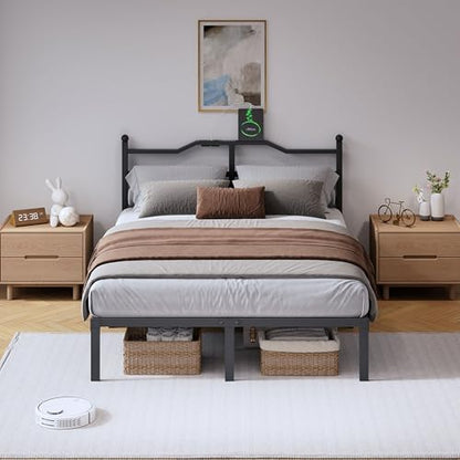 SHOANED 14 Inch Metal Bed Frame - Full Size Heavy Duty Bedframe with Charging Station & Headboard Basic Steel Slats Platform No Box Spring Needed/Easy Assembly/Noise Free - size: Full, style: 14 Inch with Charging Station