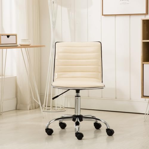 Small Armless Swivel Vanity Office Desk Chair with Wheels for Bedroom Study | Adjustable Task Chairs with Faux Leather Fabric & Padded Seat, Modern Adjustable Height Work Chairs for Home Office, Beige - color: Beige