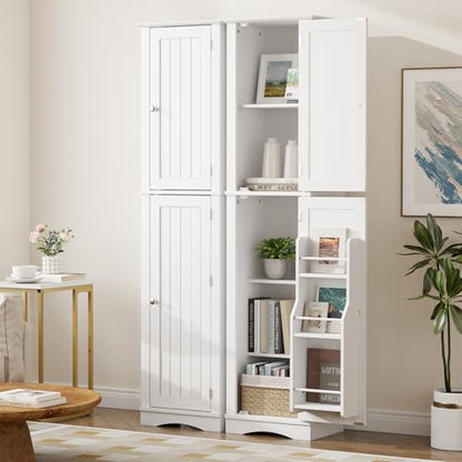 Function Home 높은 욕실 보관 캐비닛, 162.6cm(64인치) 슬림 주방 식료품 저장실, 도어 수납 공간이 있는 좁은 목재 독립형 캐비닛, 조절 가능한 선반이 있는 주방 거실 다이닝룸용, 화이트 - color: 화이트., size: 15.8"Wx11.81"Dx64"H