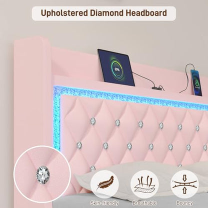 Full Bed Frame with LED Lights & Charging Station, Upholstered Bed Frame Full Size with Storage Headboard & 2 Drawers, Diamond Tufted, Curved Wingback, PU Leather, No Box Spring Needed, Pink - color: Pink, size: Full