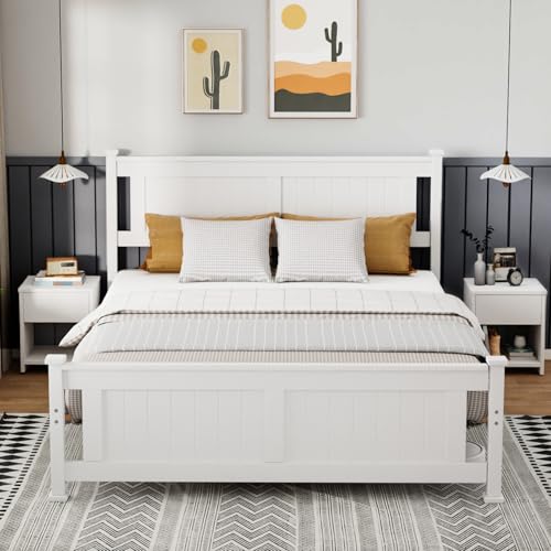 Bonnlo Full Size Solid Wood Platform Bed Frame, Panel Bed with Headboard, No Box Spring Needed Bed Base, Wood Slat Support Mattress Foundation, White - color: White, size: Full