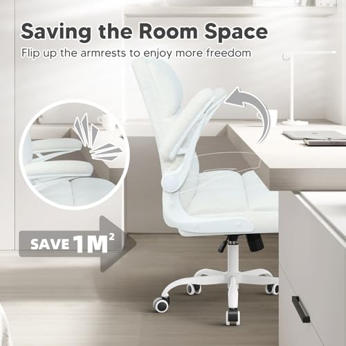 Office Chair with Wheels, Home Office Computer Chair with Flip-up Armrest, Comfy Desk Chair Teddy Fleece, Beige - color: Light Beige
