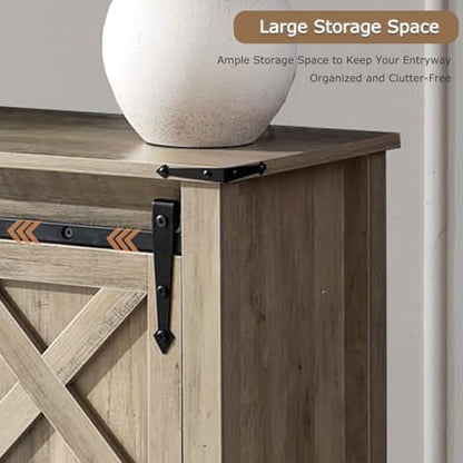 Farmhouse Entryway Table with Sliding Barn Doors, Wood Console Table with Storage Shelf, Rustic Sofa Table for Living Room, Entryway, Foyer, Grey - color: Grey