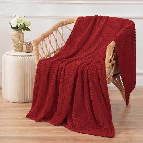 Puncuntex Fleece Throw Blanket Red 50"×60" with Square Grid Design | Super Soft Plush Cozy Flannel Throw Blanket Luxury for Couch Sofa Chair - color: Red, size: 50"×60"