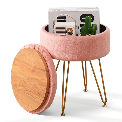 Cpintltr Foot Stool Velvet Storage Ottoman with Removable Lid Round Sofa Stools Foot Rest with Padded Seat Modern Style Makeup Stool Decorative Furniture Suitable for Lounge Dorm Room Blush - color: Blush