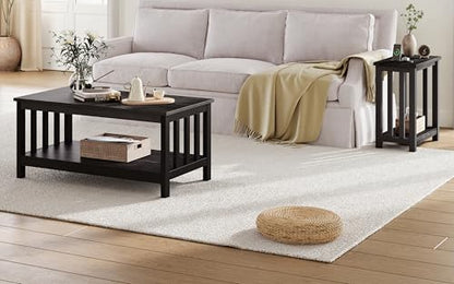 ChooChoo Mission Coffee Table and Black End Table for Small Spaces, Living Room Table with Shelf, Narrow Side Table