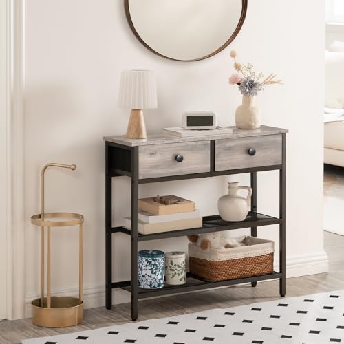 HOOBRO 29.5" Narrow Console Table with 2 Fabric Drawers, Sofa Table, Small Entryway Table with 3-Tier Storage Shelves, Behind Couch Table, for Living Room, Hallway, Greige and Black BG72XG01 - color: Greige + Black