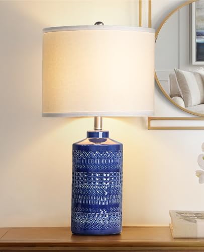 JUNNAI 24.5" Navy Blue Table Lamp Modern Bedside Ceramic Lamps for Living Room 3-Way Dimmable Entryway Nightstand Farmhouse Lamp for Home Office Bedroom, Bulb Included - color: Blue