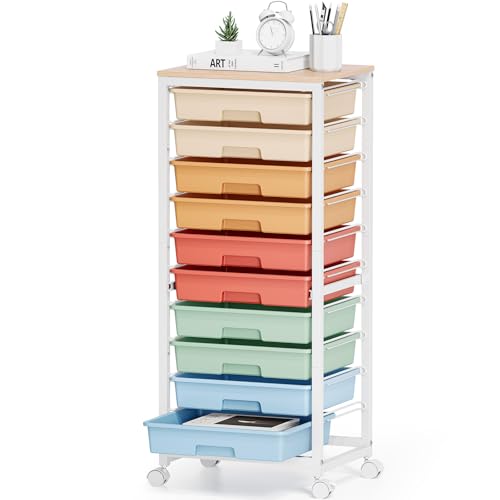 Sykiariol 10 Drawer Rolling Cart,Rainbow | Rolling Cart for Craft Storage,Storage Cart with Lockable Wheels and Wooden Tabletop for Classroom,Office,Living Room - color: rainbow
