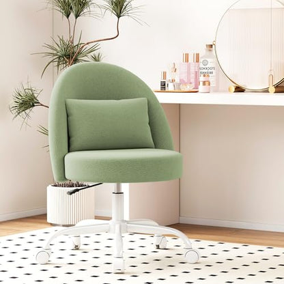Misolant Vanity Chair with Back, Armless Cute Office Chair with Wheels for Girls, Teddy Fleece Fabric Small Desk Chairs with Adjustable Height, Lumbar Support Pillow, 360°Swivel for Makeup Room, Green - color: Green
