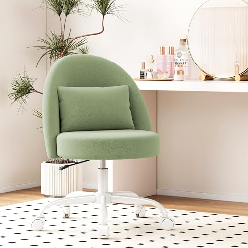 Misolant Vanity Chair with Back, Armless Cute Office Chair with Wheels for Girls, Teddy Fleece Fabric Small Desk Chairs with Adjustable Height, Lumbar Support Pillow, 360°Swivel for Makeup Room, Green - color: Green