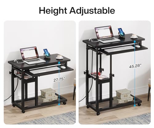 Tribesigns Small Portable Desk with Power Outlet, Height Adjustable Sofa Couch Bedside Laptop Table with Wheels, Mobile Standing Desk Rolling Computer Cart C Side Table with USB Ports - color: Black