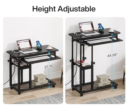Tribesigns Small Portable Desk with Power Outlet, Height Adjustable Sofa Couch Bedside Laptop Table with Wheels, Mobile Standing Desk Rolling Computer Cart C Side Table with USB Ports - color: Black