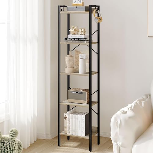 Hzuaneri Bookshelf, Book Shelf, Industrial Bookcase with 2 Hooks | Coner Shelf Storage Organizer for Home Office, Living Room, Bedroom, Kitchen, 5-Tier Greige BC10505B - color: Greige, size: 9.4"D x 15.7"W x 63"H