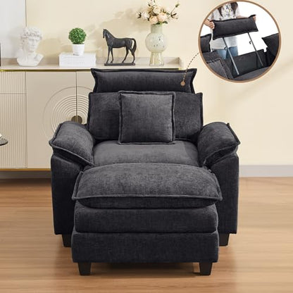 46''Cloud Sofa Chair with Detachable Headrest, Oversized Upholstered Arm Accent Chair with Ottoman, Modern Chenille Reading Lounge Comfy Armchair for Living Room,Bedroom, Dark Grey - color: Dark Grey, size: Oversized Chair with Ottoman
