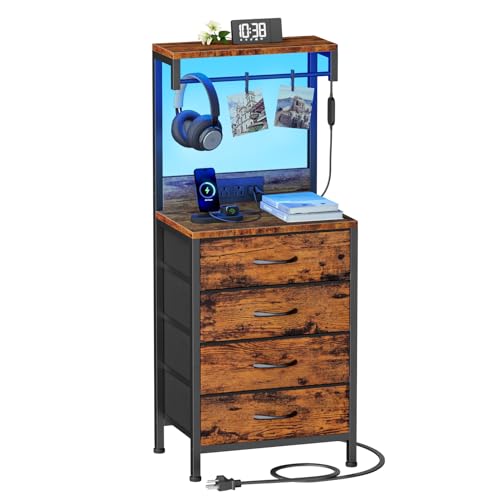 Night Stand with Charger Station, 4 Fabric Drawers and LED Lights | 38'' Tall Bedside Table with Storage Shelf for Bedroom, Office, Metal Frame, Wood Shelves, Rustic Brown Nightstand - color: Rustic Brown