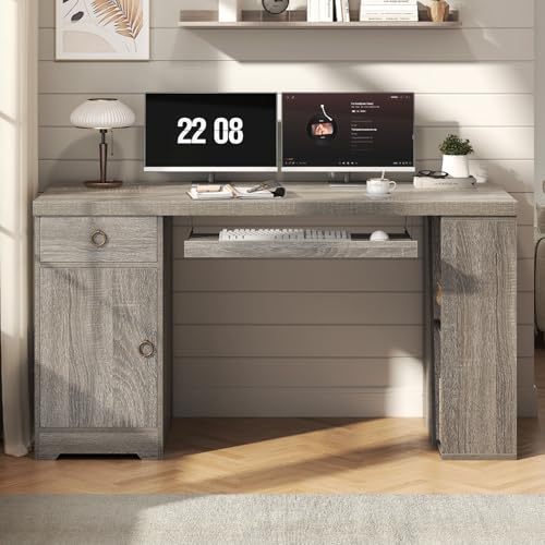 HSH 55" Modern Office Desk, Farmhouse Grey Computer Desk with Keyboard Tray | Wooden Executive Computer Table Teacher Desks with Storage Drawers Shelves and Cabinet for Home Writing Work Study - color: Light Grey Oak